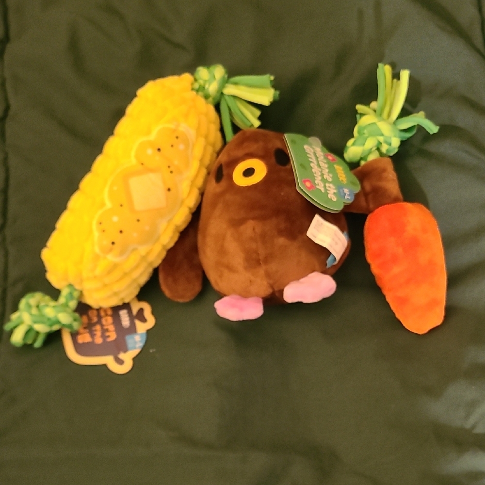 Plush Corn, Carrot, and Brown Dog Toy Set